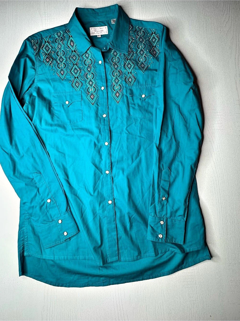 Panhandle Slim Teal Embroidered Western Shirt Blue Large